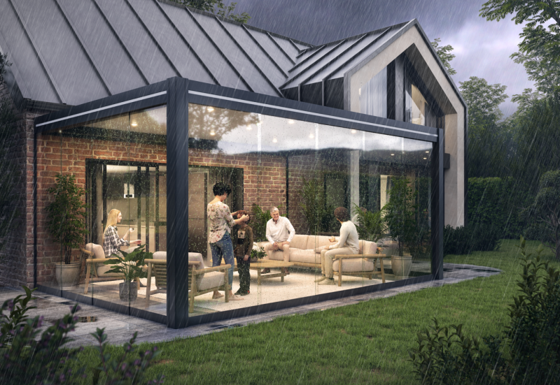 Pergola Bioclimatique Aluminium avec parois vitrées coulissantes à Strassen au Luxembourg